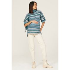 Blue striped knit (52% Wool, 47% Acrylic, 1% Spandex). Sweater. Long sleeves. Turtleneck. Pull on. 25" from shoulder to hemline. Imported. Striped Turtleneck, Rent The Runway, Maternity Sweater, Closet Designs, Striped Knit, Blue Sweaters, White Jeans, Bell Sleeve Top, Turtle Neck