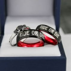 Ride Or Die Rings, Ride Or Die Wedding Rings, Ride Or Die Wedding Bands, Ride Or Die Jewelry Ride Or Die Rings, His And Her Rings Sets, Black And Red Wedding Rings, Biker Wedding Ideas, Motorcycle Wedding Ideas, Biker Wedding Theme, Black Wedding Ring Sets, Wedding Rings Sets His And Hers, Biker Wedding