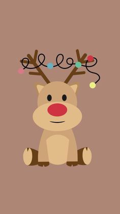 a reindeer with christmas lights on its antlers sitting in front of a brown background