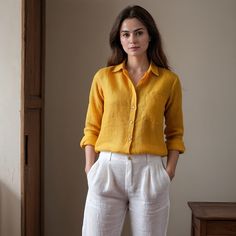 Women's Linen Shirt SUNNY is available in an array of stunning yellow shades. Crafted meticulously from the finest pure linen fabric, this sustainable and ethically sourced garment is a must-have for sophisticated summer attire. Furthermore, our expert tailors handmake each shirt with precision. With advanced sizing options and natural button accents, you’ll enjoy the perfect fit. Plus, we offer sizes that cater to everyone, including plus sizes. Yellow Linen Shirt, Design Your Own Shirt, Linen Shirts Women, Linen Pajamas, Yellow Pants, Summer Attire, Yellow T Shirt, Yellow Shirts, Linen Blouse