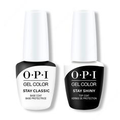 OPI GelColor - Stay Classic Base & Stay Shiny Top Coat 0.5 oz is the perfect pair for creating a gel manicure. An all in one set that includes Stay Classic Base Coat and Stay Shiny Top Coat, this combo is the same classic formula with a new enhanced packaging.   OPI Gelcolor soak off gel polish (released on October of 2011) applies just like traditional nail polish, but gives your like a super shiny finish that lasts up to two weeks. You can just simply apply the gel like regular nail polish and cure it under a UV or LED lamp for the specified period of time.   How long does it take for OPI Gelcolor to cure?The curing times for Gelcolor gel polish is highly dependent on the type of lamp that you are using. For LED Lamps, Gelcolor will take 20-30 seconds to cure. However, with a UV Lamp, it Gel Cleanser, Soak Off Gel, Gel Manicure, Base Coat, Gel Color, One Set, Top Coat, Natural Nails, Gel Polish