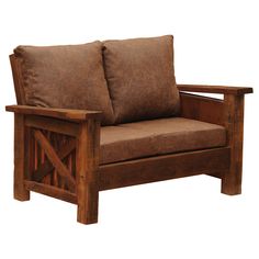 a wooden chair with two brown pillows on it's back and armrests