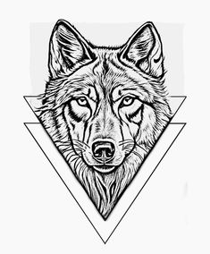 a black and white drawing of a wolf's head with triangles in the background