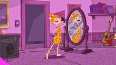 an animated character is standing in front of a mirror and looking at her reflection,