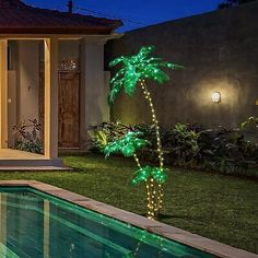 a palm tree is lit up in front of a pool at night with lights on