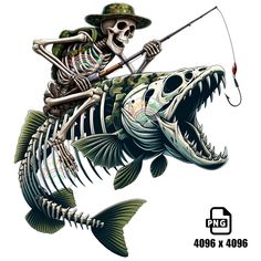 a skeleton fishing with a fish on it's back