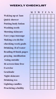 Weekly checklist with a table to elevate, glow up
Aura background (poster, to print, planner) 
Waking up at 5am 
Quick shower
Putting body lotion
Washing teeth 
Morning skincare
Face yoga/massage
Making a to do list
checking week goals
Drinking 3l of water
Reading 10 book pages
praying 5times a day
Going outside
1h screen time free
Exercise 
Gratitude
Night skincare
Drinking tea
Lighting candles
Drawing/painting Everyday Glow Up Routine, How To Be Good At English, Check Only What You Did This Year List, 2024 Glow Up List, Glow Up Checklist 2024, Glow Up Checklist Men, Glow Up Tracker, 2 Week Glow Up, Glow Up Schedule