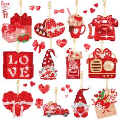 christmas ornaments are hanging from chains and decorated with red bows, hearts, and other decorations