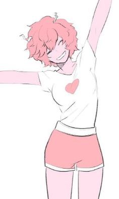 a drawing of a girl with pink hair holding her arms in the air and smiling