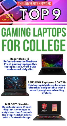 the top 9 gaming laptops for college info sheet with text overlaying it