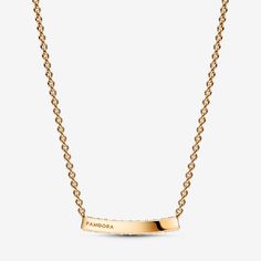 Maximise your sparkle potential with the Pandora Timeless Pavé Single-row Bar Collier Necklace. This versatile piece features a curved bar pendant fixed to the chain with a geometric finish and a single row of sparkle, enhanced with extra rows of stones that face outwards on each side. Add a warm glow with our 14k gold-plated finish that offsets the three-dimensional sparkle. Adjustable to two lengths, wear this jewelry piece as a statement on its own or layer with more styles for a bold look. - Pandora Timeless Pavé Single-row Bar Collier Necklace - 14k Gold-plated unique metal blend / Cubic Zirconia / Clear - Sz. 17.7 in Luxury Modern Gold Bar Necklace, Elegant Gold Bar Necklace With Rectangular Pendant, Luxury Yellow Gold Bar Necklace, Luxury Classic Yellow Gold Bar Necklace, Classic Yellow Gold Bar Necklace With Rectangular Pendant, Pandora Essence, Pearl Engagement Ring, Solid Gold Necklace, Solid Gold Earrings