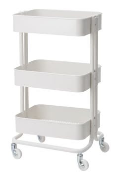 a white shelf with three shelves on wheels