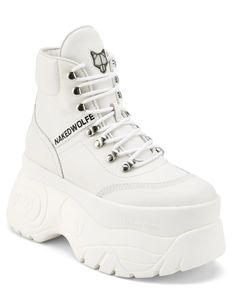 Big Platform Boots White, Wolf Boots White, White Platform Chunky Boots, Dollskill Shoes White, Naked Wolfe Shoe, White Combat Boots, Chunky Platform Sneakers, White Leather Boots, Naked Wolfe