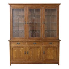 a wooden china cabinet with glass doors and drawers on the front, against a white background