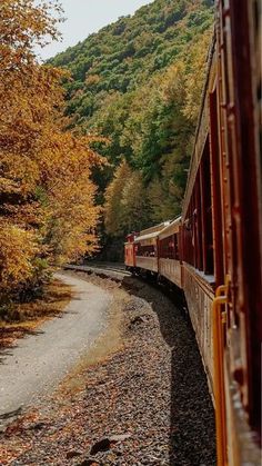 a train traveling down tracks next to a forest filled with trees in fall colors on the side of a mountain