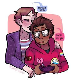 two people with glasses and one has a game controller in his hand while the other is holding