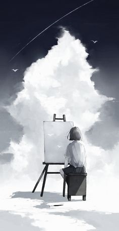 a person sitting on top of a chair in front of an easel with a painting on it