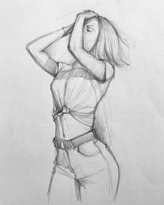 a pencil drawing of a woman with her hands on her head and arms behind her back