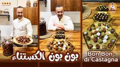 two men sitting at a table with chocolates in front of them and the words bon bon di casteagna on it