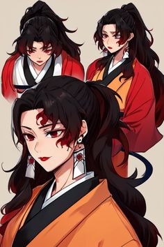 an anime character with long black hair and red eyes, wearing orange kimonos