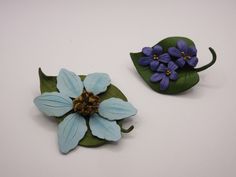 two small blue flowers sitting on top of green leaves