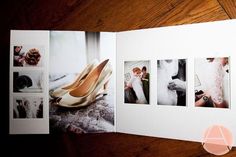 an open photo book with pictures of wedding shoes