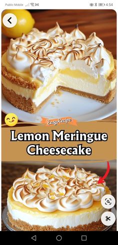 Copycat Cheesecake Factory Lemon Meringue Cheesecake, Lemon Swirl Cheesecake, Hello Dessert Recipes, Lemon Marange Pie Cheesecake, Lemon Meringue Tart Recipe, Traditional Cheesecake Recipes, Best Lemon Dessert Recipes, Lemon Dessert Ideas, Lemon Mirage Pie