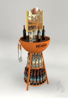 an orange stand with bottles on it