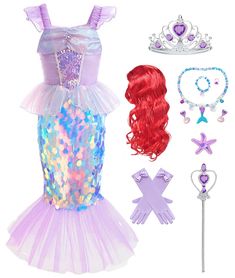 PRICES MAY VARY. Package Includes: 1*purple little mermaid princess dress, 1*wand, 1*ring, 1*crown, 1*pair of earrings, 1*necklace, 1*gloves, 1*bracelet, 1*red wig, 1*Star Hair Clip. Rich accessories allow little girls to immerse themselves in the joy of role-playing. Cotton Lining: The lining of the little mermaid costume is made of cotton fabric, soft and comfortable, very breathable. Details: The Little Mermaid dress is set with vibrant purple stones at the chest, adding a touch of elegance t Mermaid Costume Toddler, The Little Mermaid Dress, Mermaid Theme Dress Kids, Real Mermaid Tails, The Little Mermaid Costume, Ice Princess Costume, Ariel Pink Dress For Kids, Little Mermaid Baby Dress, Rich Accessories