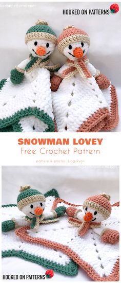 two crocheted snowman blankets with hats and scarfs on them, one is white