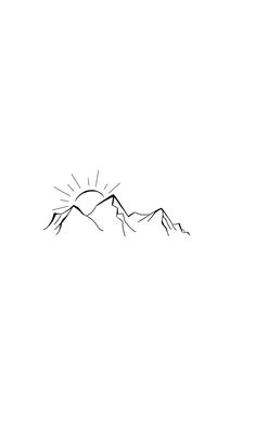 a black and white drawing of mountains with the sun coming out from behind them on a clear day