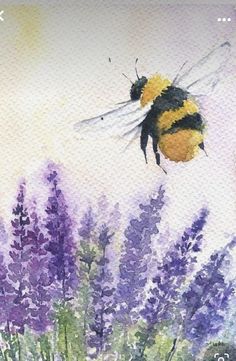 a painting of a bee flying over purple flowers