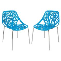 two blue chairs sitting next to each other on top of a white floor and one has a tree design on it