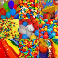 there are many different types of toys in this collage, including plastic balls and fake animals