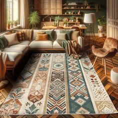 a living room filled with lots of furniture and rugs on top of a hard wood floor