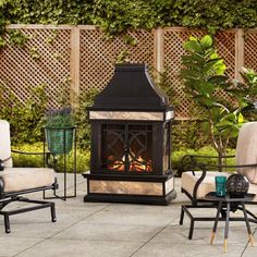 an outdoor fireplace surrounded by chairs and tables