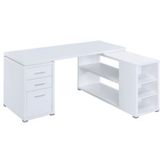 PRICES MAY VARY. This attractive office desk makes it easy to stay organized. With a variety of drawers and shelves, it provides lots of storage space for computer accessories, office supplies, and more. Its built-in file cabinet can hold legal size files, helping you keep your documents neat and tidy. Its large L shape promotes productivity with ample surface space to spread out. The sleek, no-nonsense design of this desk is accentuated by a lovely white finish. L-shape office desk with articul White L Shaped Desk, Wooden Office Desk, L Shaped Office Desk, L Shaped Executive Desk, Wood Office Desk, White Desk Office, Drawers And Shelves, L Shape Desk, White Coasters