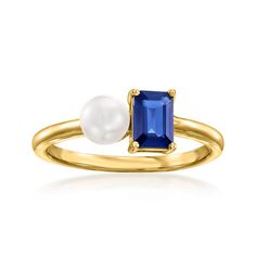 Ross-Simons - 5mm Cultured Pearl, .50ct Sapphire Toi et Moi Ring in 14kt Yellow Gold. Size 7. French for "you and me," Toi et Moi rings are a unique way to celebrate a special relationship in your life. Wear our on-trend, two-stone designs as a sentimental symbol of romance, friendship, family - or simply treat yourself to double the sparkle! This elegant take on the trend features a 5mm cultured pearl glowing beside an expressive .50 carat emerald-cut sapphire. Crafted in polished 14kt yellow g Sapphire And Pearl Ring, Pearl And Sapphire Ring, White Pearl Ring, Pearl Birthstone, Modern Ring, Sapphire Stone, Stone Design, Pearl Color, The Trend