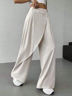 Pantalones anchos sueltos asimétricos de color liso y minimalistas, para uso diario casual Beis Casual   Tela tricotada Liso Pierna ancha No-Elástico  Women Clothing, size features are:Bust: ,Length: ,Sleeve Length: Wide Beige Pants Outfit, Beige Pants Outfit, Color Minimalist, White Dress Pants, Women Blouses Fashion, Womens Trousers, Casual Day Outfits, Women Pants, Pants Casual