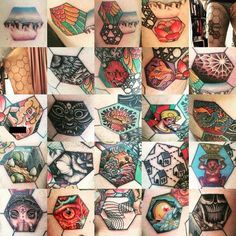 many different tattoos and designs on the arm