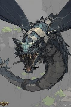 a dragon with large wings flying through the air next to another creature's head