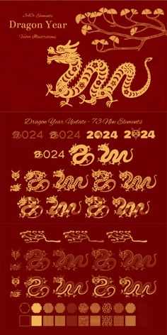 the dragon year poster with gold lettering and numbers on red paper, which are in different colors