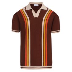 a polo shirt with an orange, yellow and brown stripe on the front is shown