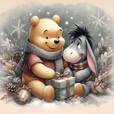 winnie the pooh and piglet sitting next to each other with christmas decorations around them