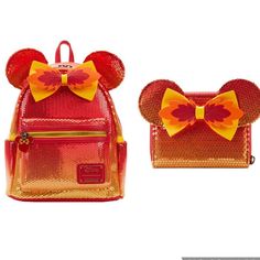 Backpack Is Covered In Sequins, Graduating In Fall Colors From Light To Dark Applique Details Bring Minnie Mouse's Ears To Life, As They Stick Out Beyond The Borders Of The Bag. The Bow At The Top Resembles A Cluster Of Leaves With Debossed Details For The Veins. A Matching Zipper Charm Of Minnie's Ears, On The Front Pocket, Completes The Look. On The Back, Minnie Mouse, In Fashionable Style, Plays In The Leaves. Backpack Features Include Antique Gold-Colored Metal Hardware, Adjustable Straps, S Alice In Wonderland Mushroom, Disney Fall, Loungefly Purse, Disney Bags Backpacks, Fall Ombre, Disney Bags, Loungefly Bag, Disney Bag, Disney Tangled