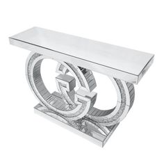 an art deco console table with mirrored top and silver metal base, designed by person