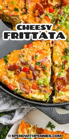 a cheesy frittata with broccoli and tomatoes is cut into slices