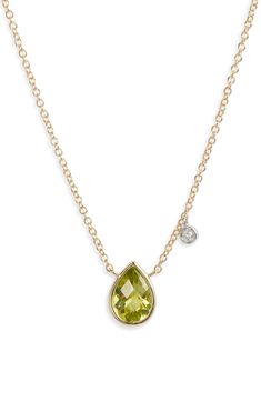 A single diamond bezel swings along the side of a pear-shaped peridot pendant on this delicate necklace made from 14-karat gold. Total diamond weight: 0.02ct. Color: G–H Clarity: SI1–I1 14k gold/peridot/diamond Imported >Diamond Guide Yellow Gold Pear-shaped Necklace For May Birthstone, Peridot Pendant, Diamond Guide, Gold Diamond Necklace, Bezel Diamond, Delicate Necklace, G H, Pear Shaped, Womens Jewelry Necklace