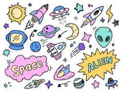 an image of space related items in the style of children's drawings stock photo