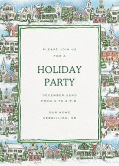 a holiday party with houses and trees